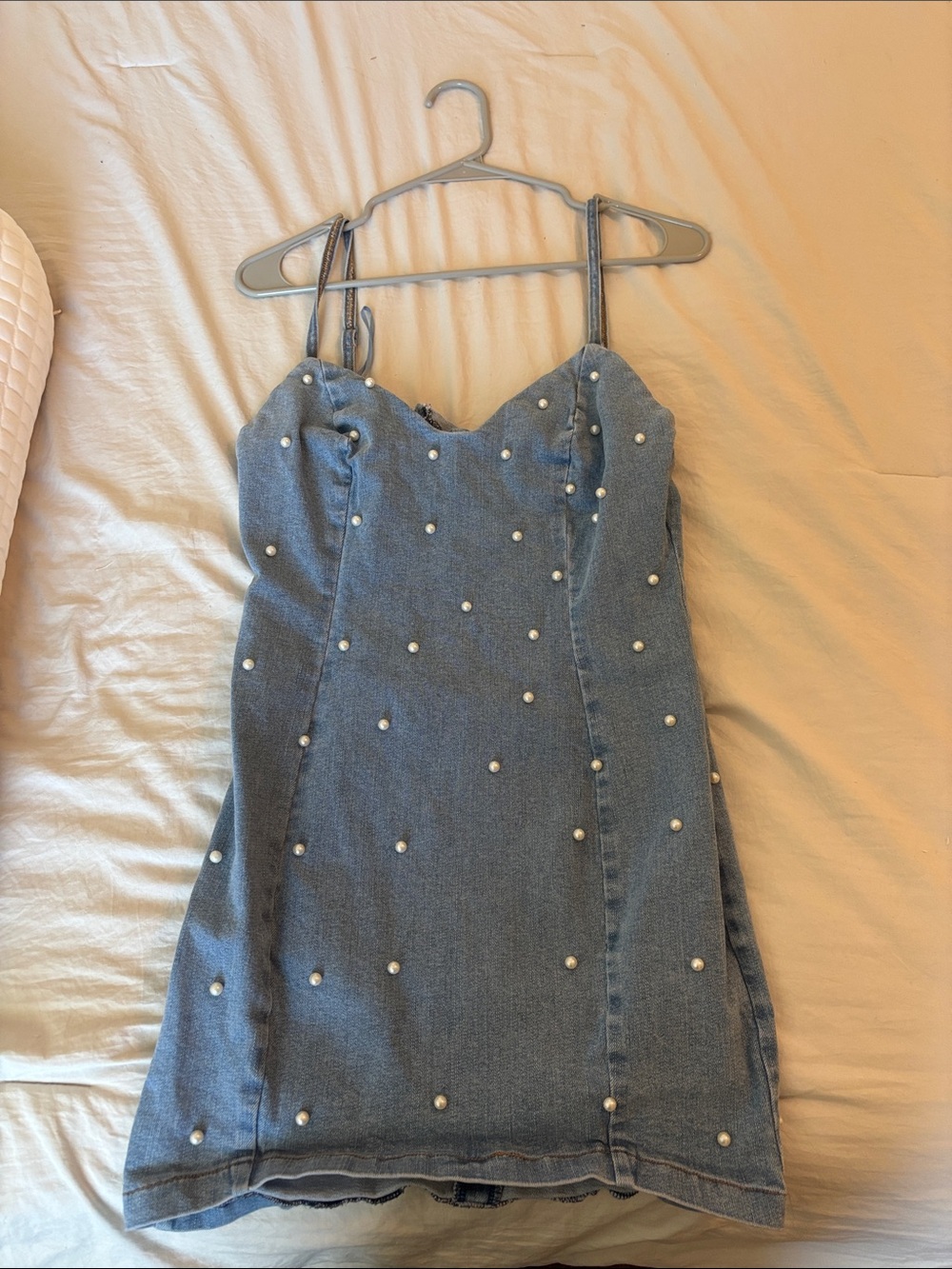 Fashion Nova Pearl-Studded Denim Mini Dress - Blue